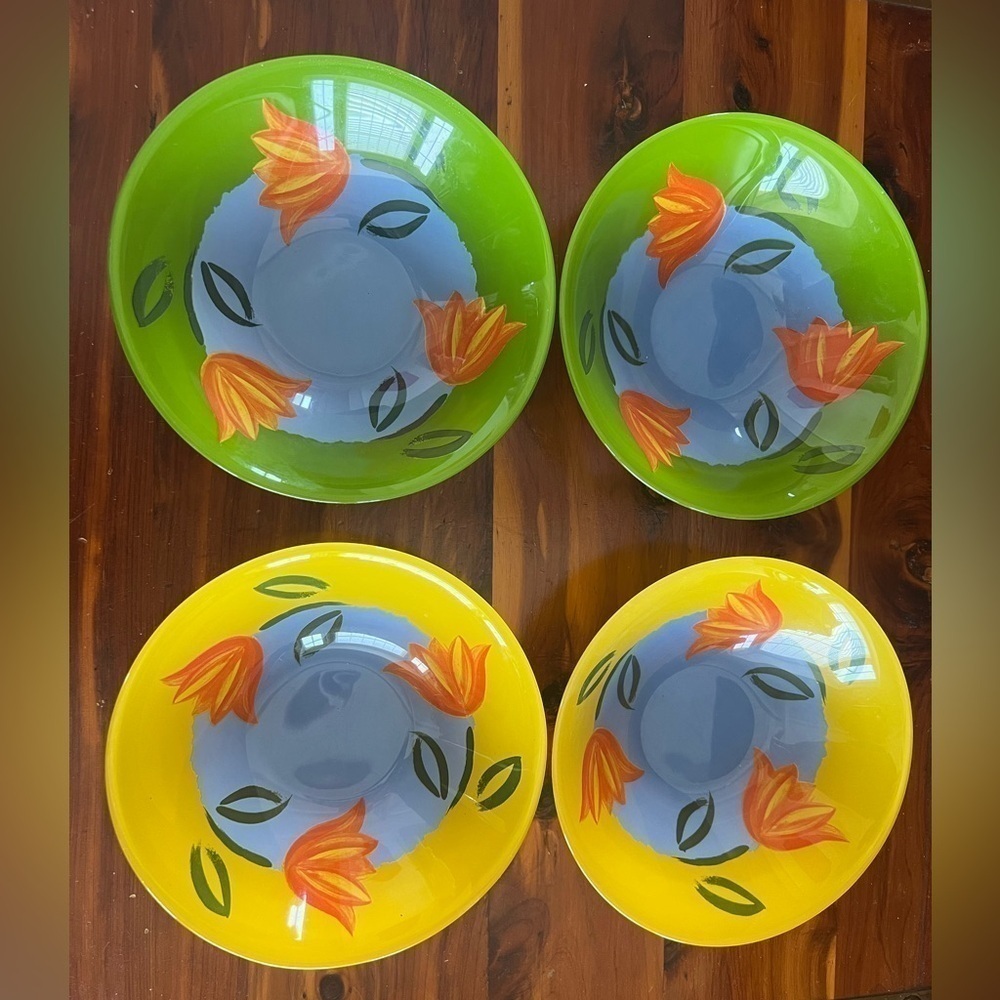 ARCOROC France Matys Green Yellow Glass Bowls Vintage Set of 4